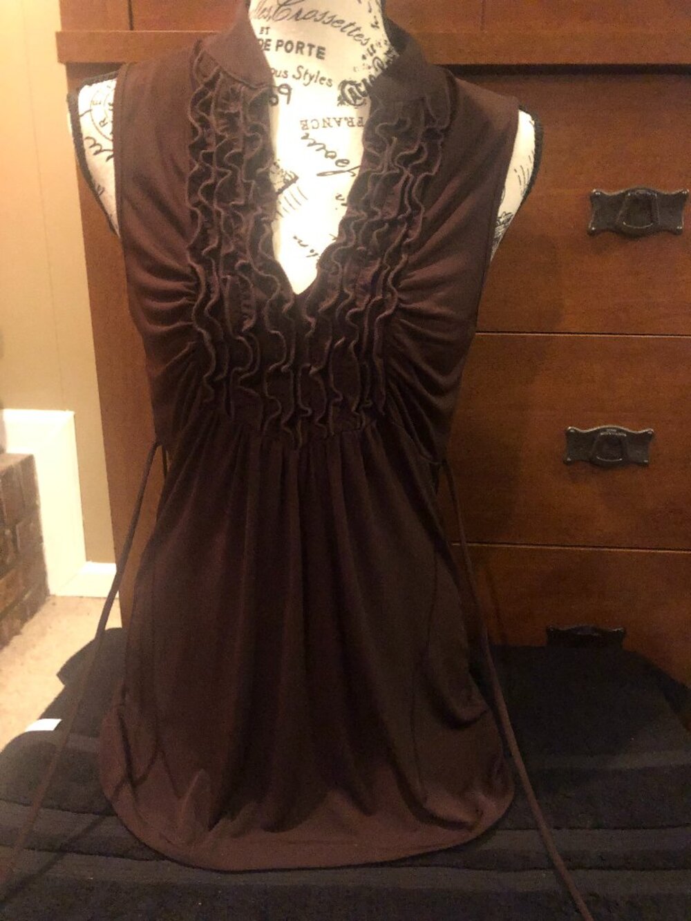 woman's brown ruffled "heart soul" blouse size large